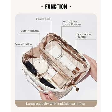 EACHY Travel Makeup Bag,Large Capacity Cosmetic Bags for Women,Waterproof Portable Pouch Open Flat Toiletry Bag Make up Organizer with Divider and Handle (F-White, Medium)