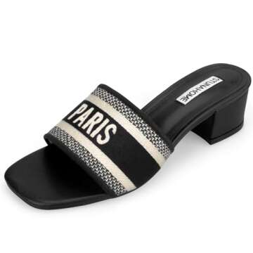 STUNAHOME Women's Heeled Sandals Low Block Chunky Heels Woven Embroidered Square Toe Slip on Heel Sa...