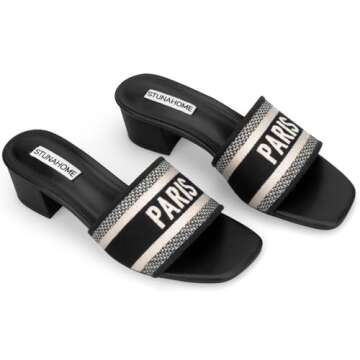 STUNAHOME Women's Heeled Sandals Low Block Chunky Heels Woven Embroidered Square Toe Slip on Heel Sandals Mules Comfortable Casual Summer Party Dress Shoes