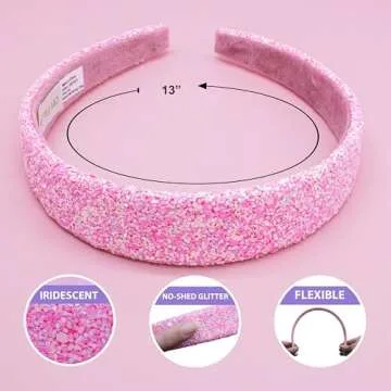 FROG SAC Hairband, Iridescent Glitter Headband for Girls, 13 inch Headband with Non-Slip Lining, Sparkly Hair Accessory for Kids, Cute Little Girl Hairband, Pink, Single Pack