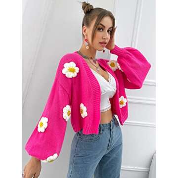 MakeMeChic Women's Floral Applique Lantern Sleeve Open Front Cropped Cardigan Sweater Hot Pink L