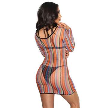 Sexy Rainbow Fishnet Cover Up Dress Stretchy Swimsuit for Women Bikini See Through Coverup Bodycon Miami Spring Break Beach Sheer Mesh Netted Lingerie