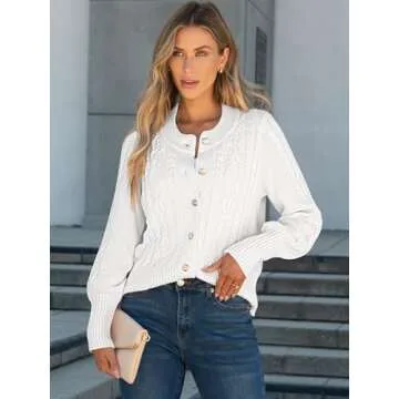 ANRABESS Women Long Sleeve Cable Knit Button Down Open Front Cropped Cardigan Sweater Coat Cute 2025 Spring Fall Outwear White XL