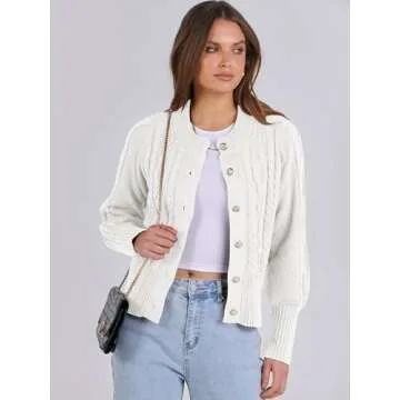 ANRABESS Women Long Sleeve Cable Knit Button Down Open Front Cropped Cardigan Sweater Coat Cute 2025 Spring Fall Outwear White XL