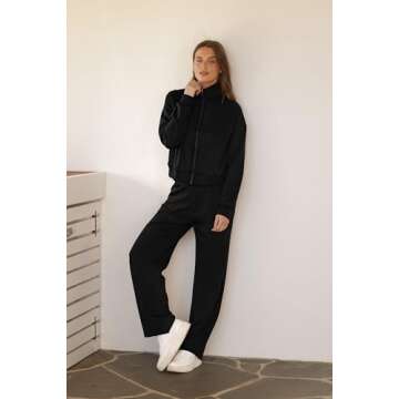 WIHOLL Travel Outfits for Women 2 Piece Sets Lounge Sets Sweatpants Sweatshirt Zip Up Sweatsuit Casual Tracksuit Black M