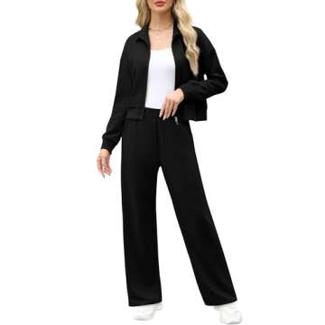 WIHOLL Travel Outfits for Women 2 Piece Sets Lounge Sets Sweatpants Sweatshirt Zip Up Sweatsuit Casual Tracksuit Black M
