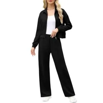 WIHOLL Travel Outfits for Women 2 Piece Sets Lounge Sets Sweatpants Sweatshirt Zip Up Sweatsuit Casual Tracksuit Black M