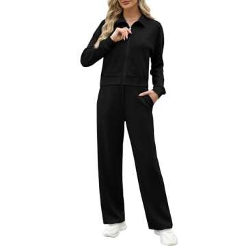 WIHOLL Travel Outfits for Women 2 Piece Sets Lounge Sets Sweatpants Sweatshirt Zip Up Sweatsuit Casual Tracksuit Black M
