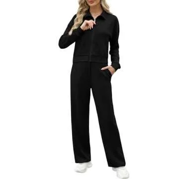 WIHOLL Travel Outfits for Women 2 Piece Sets Lounge Sets Sweatpants Sweatshirt Zip Up Sweatsuit Casual Tracksuit Black M