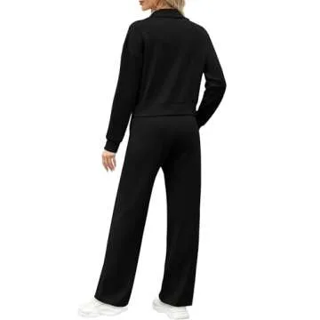WIHOLL Travel Outfits for Women 2 Piece Sets Lounge Sets Sweatpants Sweatshirt Zip Up Sweatsuit Casual Tracksuit Black M