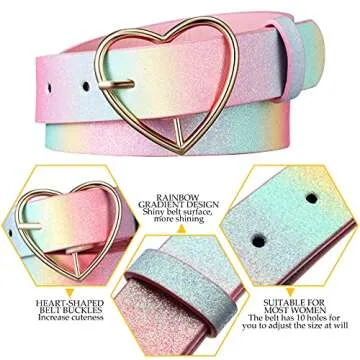 SATINIOR Rainbow Belt PU Leather Waist Belt Women Girls Glitter Belt with Heart Buckle Adjustable Shiny Dress Belt for Jeans Dress