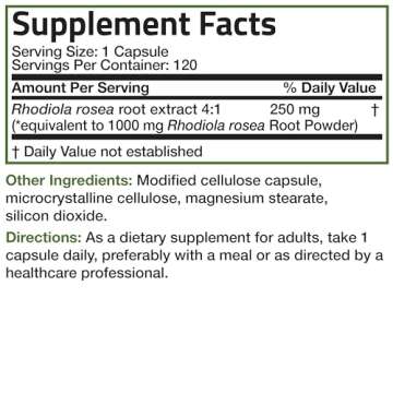 Bronson Rhodiola Rosea Vegetarian Capsules - Adaptogenic Herb - Brain, Stress & Mood Support - Non-GMO, 120 Count