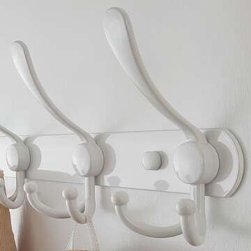 Dseap Wall Mounted Coat Rack - 5 Tri Hooks, Heavy Duty, Stainless Steel, Metal Coat Hook Rail for Coat Hat Towel Purse Robes Mudroom Bathroom Entryway (White, 2 Packs)