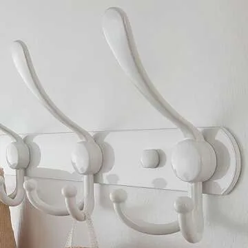 Dseap Wall Mounted Coat Rack - 5 Tri Hooks, Heavy Duty, Stainless Steel, Metal Coat Hook Rail for Coat Hat Towel Purse Robes Mudroom Bathroom Entryway (White, 2 Packs)