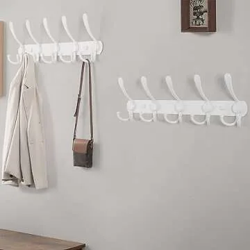 Dseap Wall Mounted Coat Rack - 5 Tri Hooks, Heavy Duty, Stainless Steel, Metal Coat Hook Rail for Coat Hat Towel Purse Robes Mudroom Bathroom Entryway (White, 2 Packs)