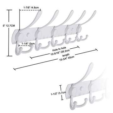 Dseap Wall Mounted Coat Rack - 5 Tri Hooks, Heavy Duty, Stainless Steel, Metal Coat Hook Rail for Coat Hat Towel Purse Robes Mudroom Bathroom Entryway (White, 2 Packs)