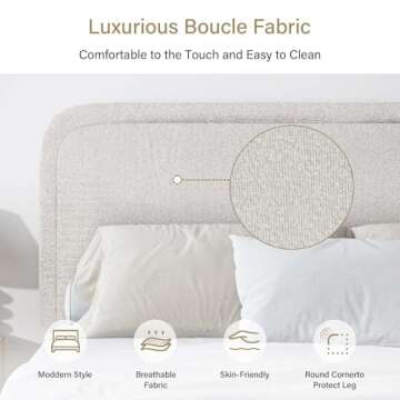 Full Size Bed Frame with Boucle Upholstery & Easy Assembly