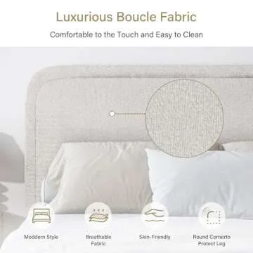 Full Size Bed Frame with Boucle Upholstery & Easy Assembly