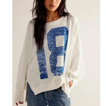 Foidiccx Women Oversized Star Graphic Sweatshirt Long Sleeve Drop Shoulder Shirts Top Y2k Retro Aesthetic Pullover Hoodies (Beige, XL)