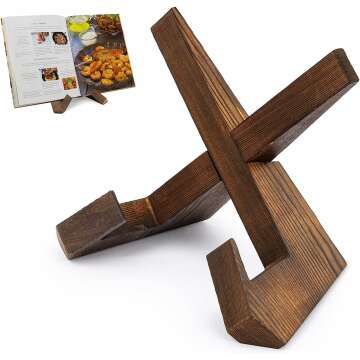 PUERSI Rustic Wooden Cookbook Stand for Kitchen
