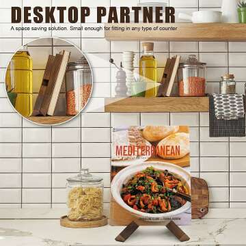 PUERSI Rustic Wooden Cookbook Stand for Kitchen