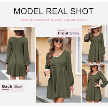 Dokotoo Casual Dresses for Women 2025 Spring Crewneck Long Sleeve Empire Waist Dress Fashion Smocked A-line Flowy Elegant Dresses Green X-Large