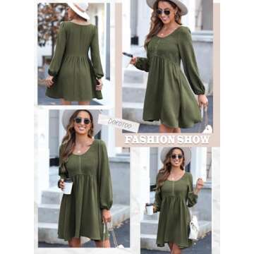 Dokotoo Casual Dresses for Women 2025 Spring Crewneck Long Sleeve Empire Waist Dress Fashion Smocked A-line Flowy Elegant Dresses Green X-Large