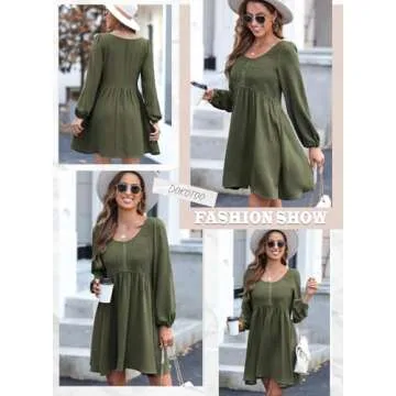 Dokotoo Casual Dresses for Women 2025 Spring Crewneck Long Sleeve Empire Waist Dress Fashion Smocked A-line Flowy Elegant Dresses Green X-Large