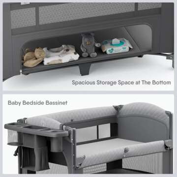 Obee Odee 4 in 1 Baby Bassinet, Pack and Play, Bedside Crib Sleeper, Diaper Changer - Comes with Mattress, Mosquito Net，Bottom Storage and Toy Bar for Newborn to Toddles