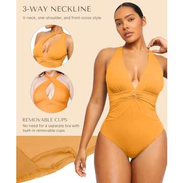 SHAPELLX Full Coverage Swimsuits for Women Tummy Control Crisscross Back Bathing Suit（Orange, Large）