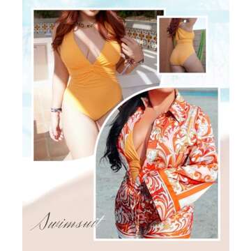 SHAPELLX Full Coverage Swimsuits for Women Tummy Control Crisscross Back Bathing Suit（Orange, Large）