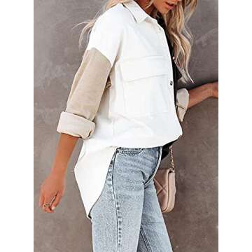 Dokotoo Women's Color Block V Neck Roll Up Long Sleeve Pocket Corduroy Shirts Shacket Casual Boyfriend Button Down Petite Blouses Jacket XL Black