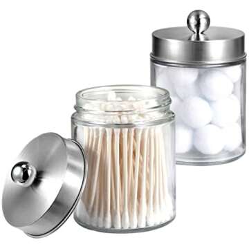 Amolliar 6Pc Apothecary Jars Bathroom Vanity Organizer- Rustic Farmhouse Decor Storage Canister&Stainless Steel Lids- Qtip Dispenser for Q-Tips,Cotton Swabs,Rounds,Ball,Flossers (Brushed Nickel)