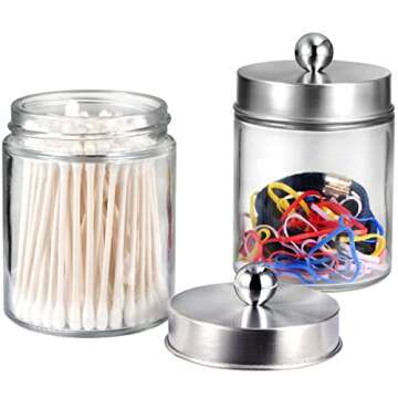 Amolliar 6Pc Apothecary Jars Bathroom Vanity Organizer- Rustic Farmhouse Decor Storage Canister&Stainless Steel Lids- Qtip Dispenser for Q-Tips,Cotton Swabs,Rounds,Ball,Flossers (Brushed Nickel)