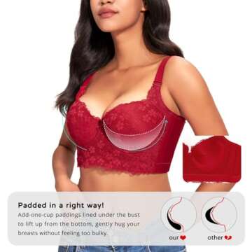 FallSweet Push Up Bras for Women Corset Top Bustier Padded Underwire Bra Add One Cup,Red-lace,34C