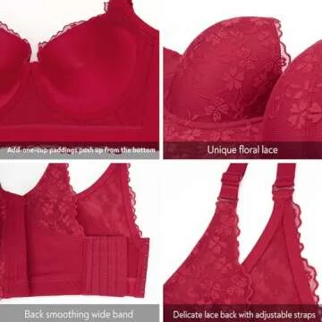 FallSweet Push Up Bras for Women Corset Top Bustier Padded Underwire Bra Add One Cup,Red-lace,34C