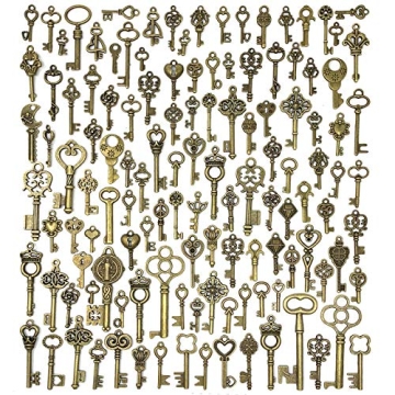 125 PCS Vintage Skeleton Key Set Charms, JIALEEY Mixed Antique Style Bronze Brass for Pendant DIY Je...