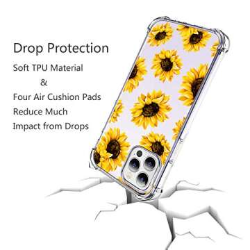 HEYORUN Sunflower Clear Case Fit for iPhone 12 Pro Max 6.7 Inches, Sunflower Girls and Women Floral Back Case Cover, Yellow Flower Transparent Flexible TPU Bumper Shockproof Protective Case