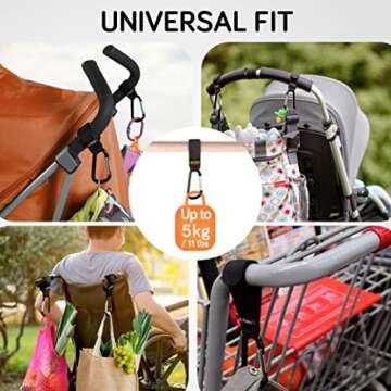 Baby Uma Stroller Hooks for Bags (2 Pack) - Universal Stroller Clips and Hooks, Non-Slip with One-Hand Opening, 11 lb Weight Capacity, Baby Travel Essential