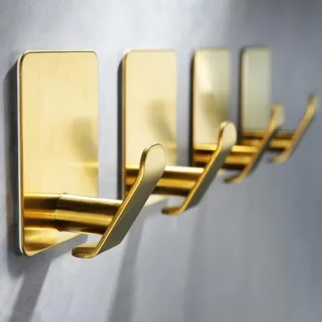 Taozun Adhesive Hooks - Set of 4 Gold Stainless Steel Coat Hooks for Home