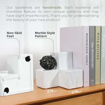 Marble Pattern Style White Ceramic Bookends - Set of 2 Decorative Bookends for Shelves