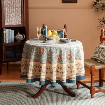 Patdrea Designer French Linen Blue Round Table Cloth - Gorgeous Vintage Floral 67" for Home Dining &...
