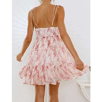 Mansy Womens 2025 Summer Floral Mini Dress Boho Flowy Skater Dresses Short Sleeveless Ruffle Spaghet...