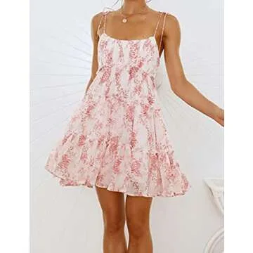 Mansy Womens 2025 Summer Floral Mini Dress Boho Flowy Skater Dresses Short Sleeveless Ruffle Spaghetti Strap Dress Pink Flower