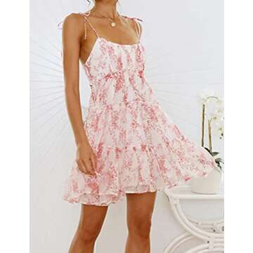 Mansy Womens 2025 Summer Floral Mini Dress Boho Flowy Skater Dresses Short Sleeveless Ruffle Spaghetti Strap Dress Pink Flower