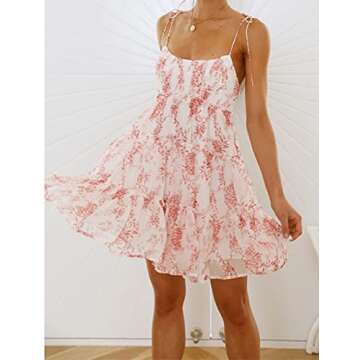 Mansy Womens 2025 Summer Floral Mini Dress Boho Flowy Skater Dresses Short Sleeveless Ruffle Spaghetti Strap Dress Pink Flower