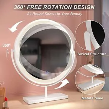 GETPRO Large Vanity Mirror with Lights Hollywood LED Lighted Makeup Cosmetic Mirror Dimmable 3 Color Lights Touch Screen 360¡ã Rotation Swivel Desk Tabletop Framed Mirror in White