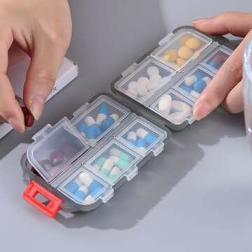 Zuihug 1Pack Travel Pill Organizer - 10 Compartments Pill Case, Compact and Portable Pill Box, Perfect for On-The-Go Storage, Pill Holder for Purse (Gray with 156 Stickers)