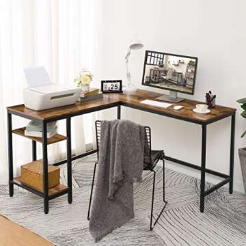 HOOBRO L-Shaped Computer Desk, Industrial Corner Writing Desk with Adjustable Shelves, Study Worksta...