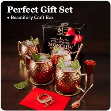Copper-Bar Moscow Mule Copper Mugs | Set of 4 Hammered Cups | 100% HANDCRAFTED Pure Solid Copper | Gift Set With Cocktail Straws | Shot Glass | Coasters | Copper Stirrer & Beer opener (B072JKKB8W)